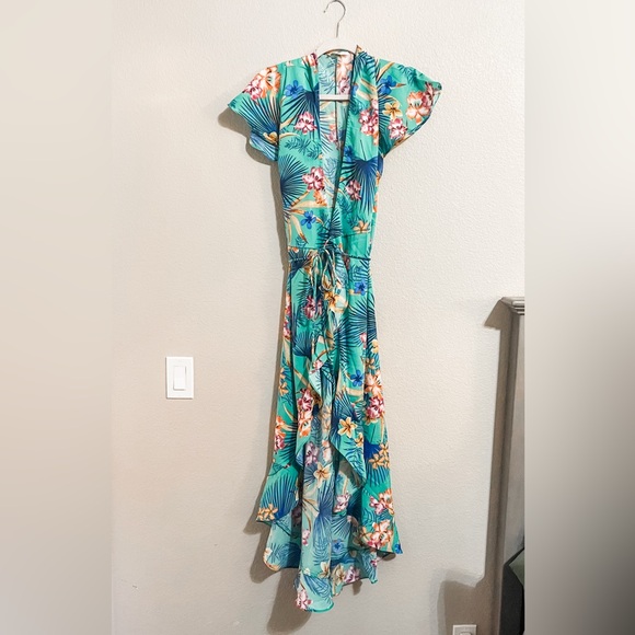 Blush Dresses & Skirts - Blush Tropical Floral High-Low Wrap Dress in Teal and Pink